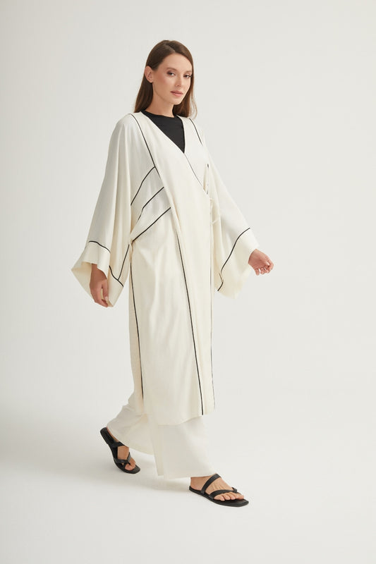 Oversized kimono made of bamboo fiber - cream with contrasting lines